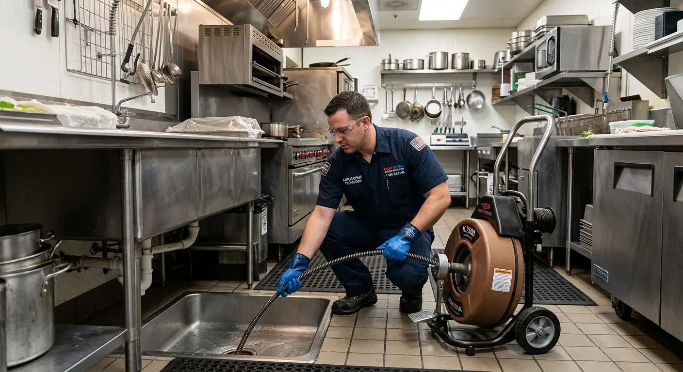 Commercial drain cleaning service in a restaurant kitchen in Mesa