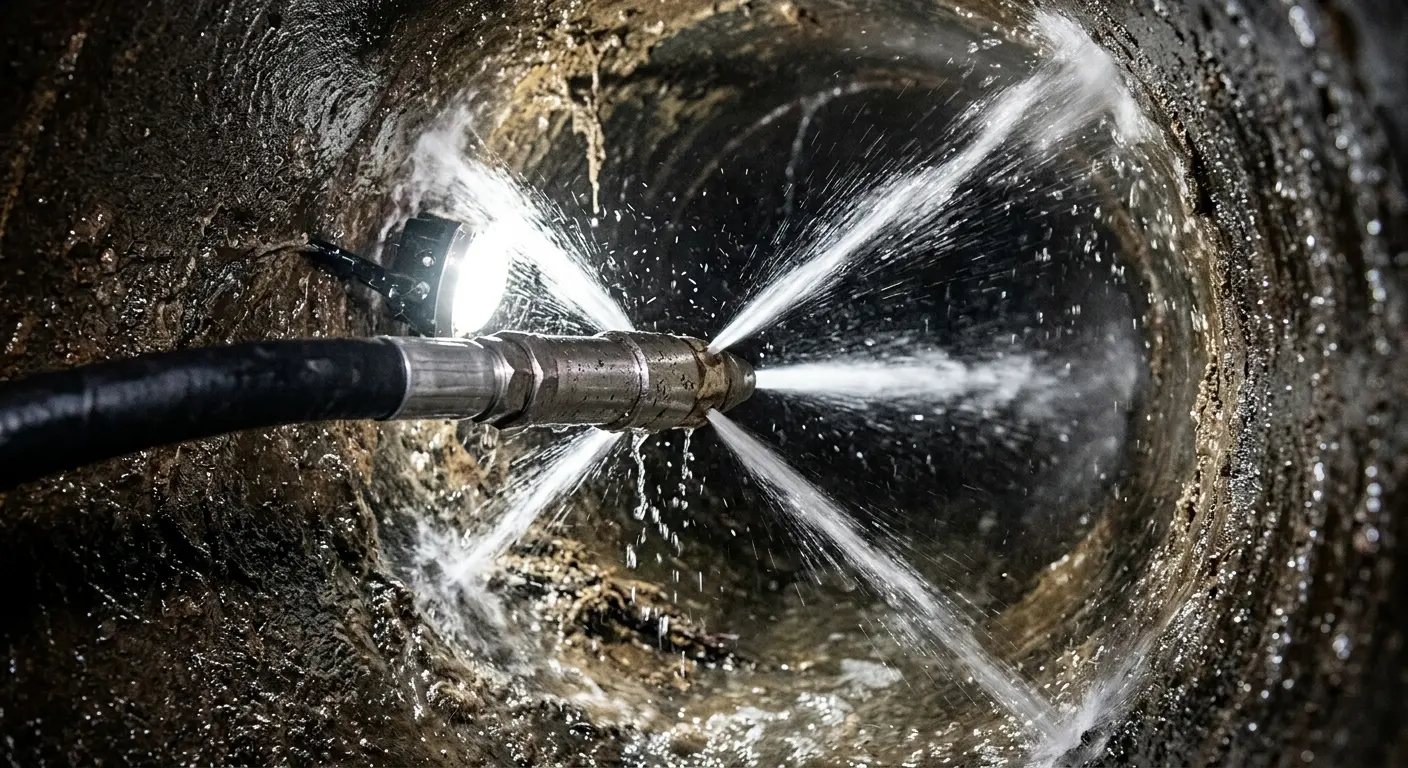 High-pressure hydro jetting nozzle cleaning sewer pipe for Emergency Drain Service in Mesa