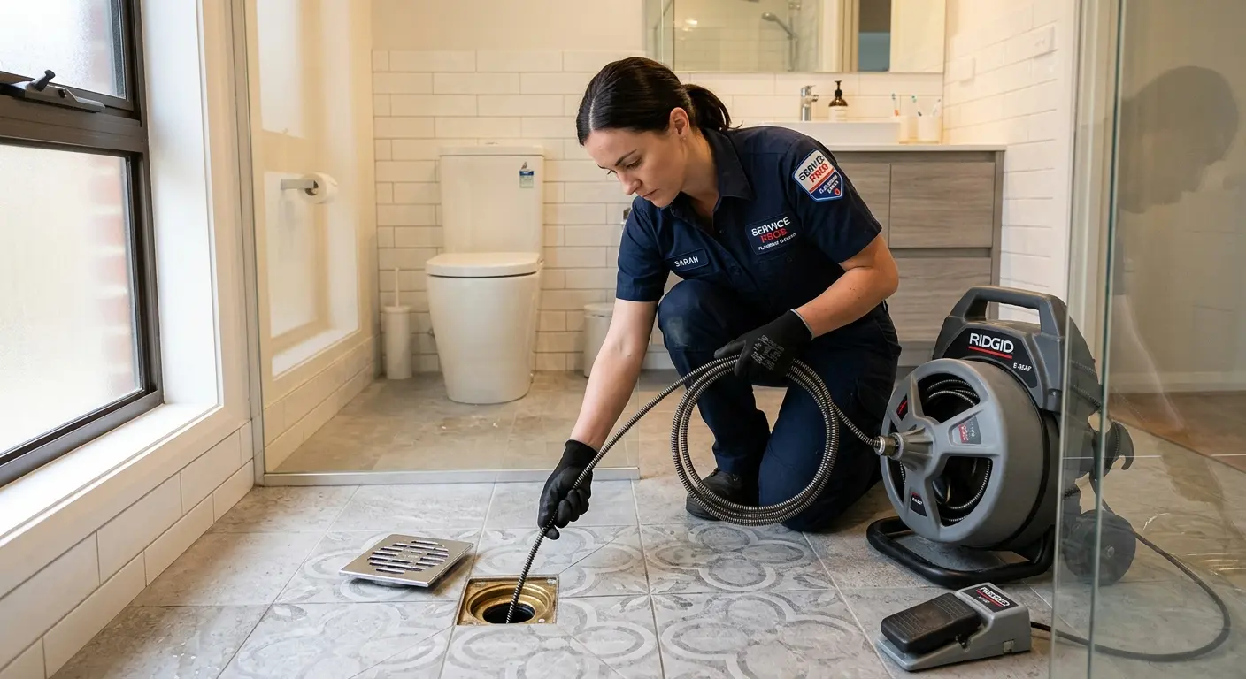 Technician clearing a bathroom floor drain for Sewer Line Replacement in Mesa